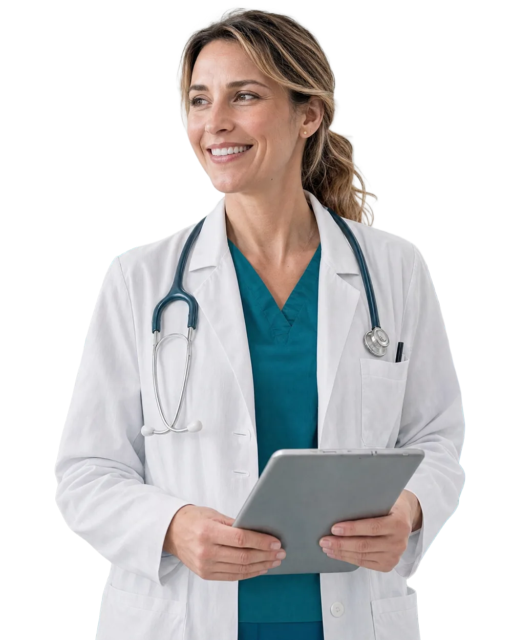 Dottoressa sorridente in camice con un tablet in mano